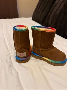 UGG Kids Brown Suede Boots with Rainbow Trim